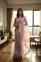 Ombre Organza saree with floral embroidery-Lavender