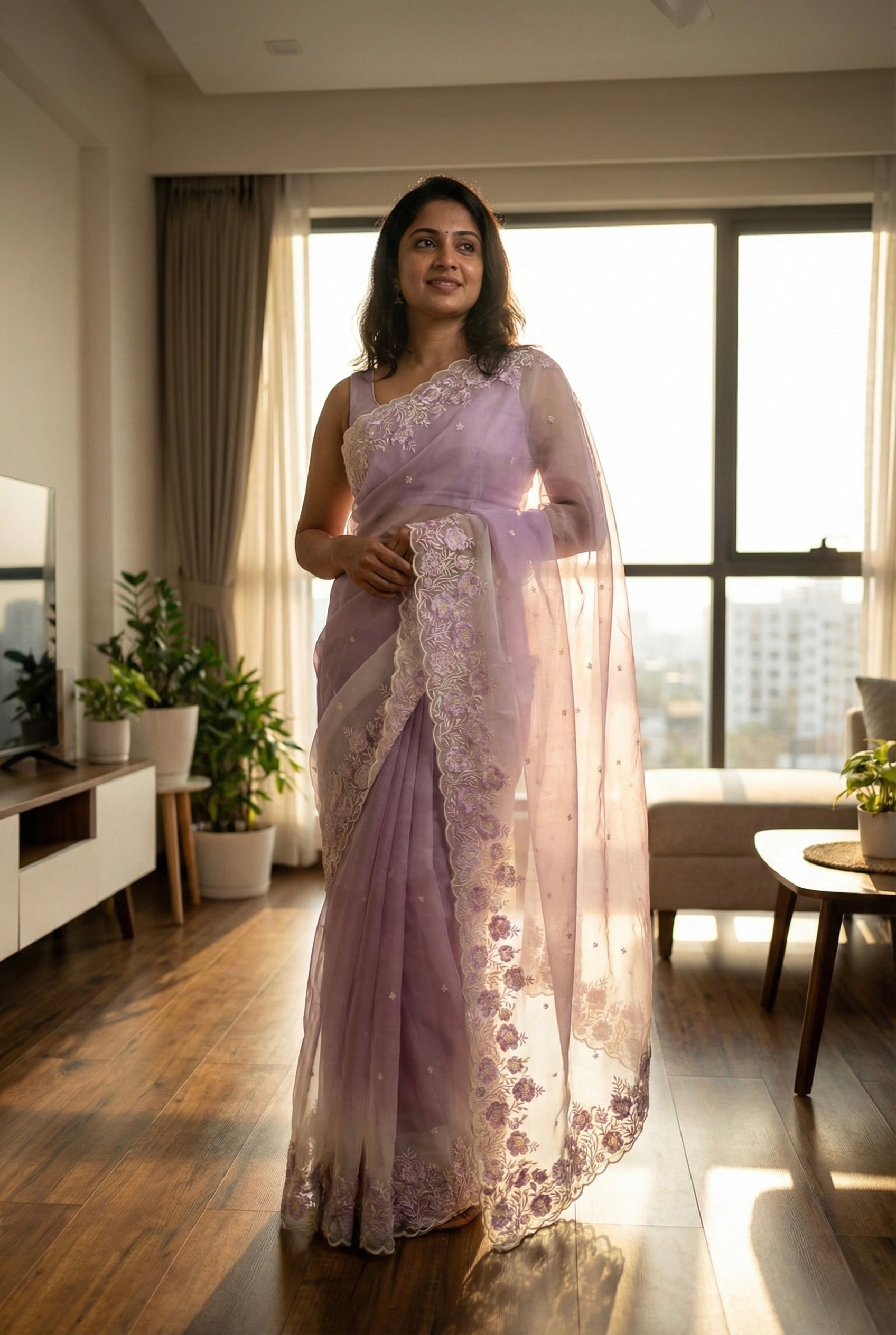 Ombre Organza saree with floral embroidery-Lavender