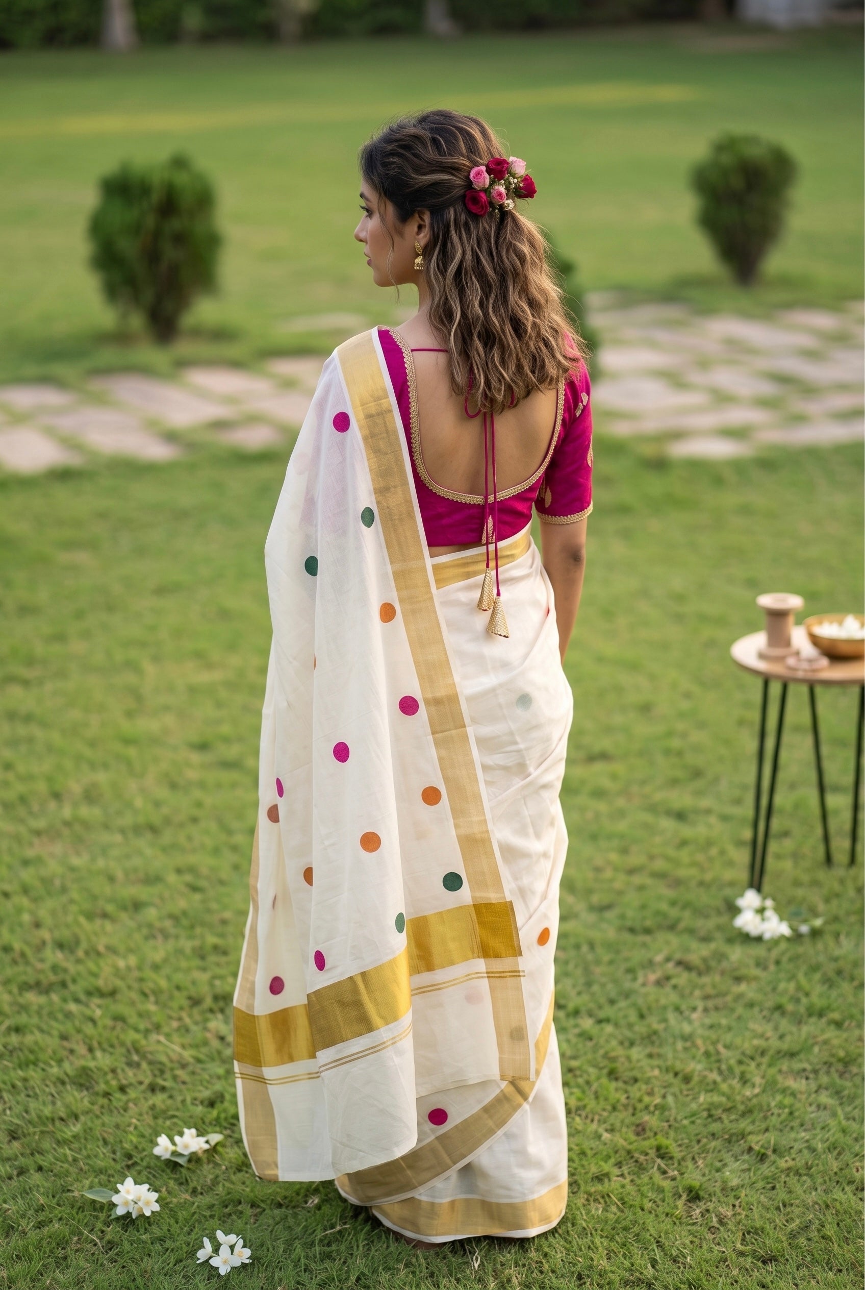 Bindu-Kerala kasavu saree with printed polka dots