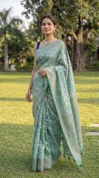 Chanderi Cotton saree with jacquard weave pallu in teal