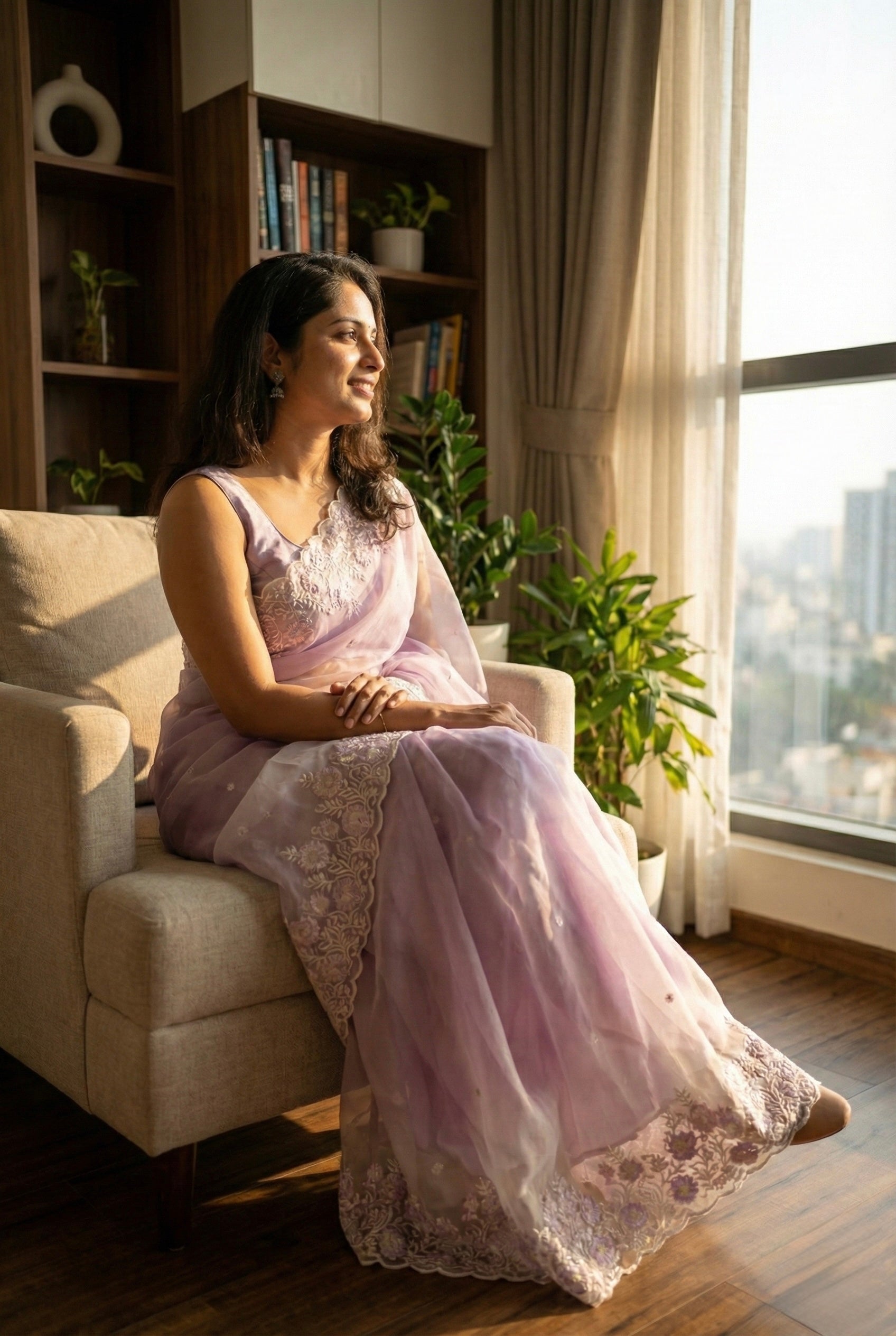 Ombre Organza saree with floral embroidery-Lavender