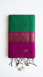 Jiya-Maheswari Cotton Silk Saree-Emerald Green and Purple Pallu