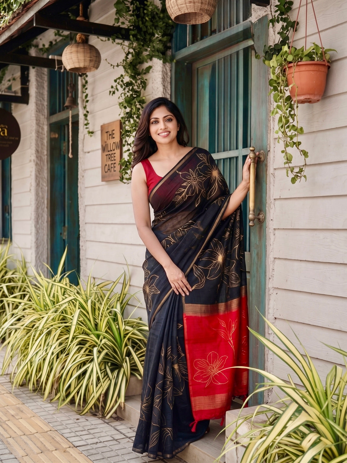 Jyothi-Jute Saree with contrast pallu and large floral motifs