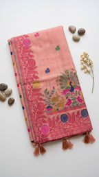 Chanderi cotton saree with woven floral and peacocok motifs