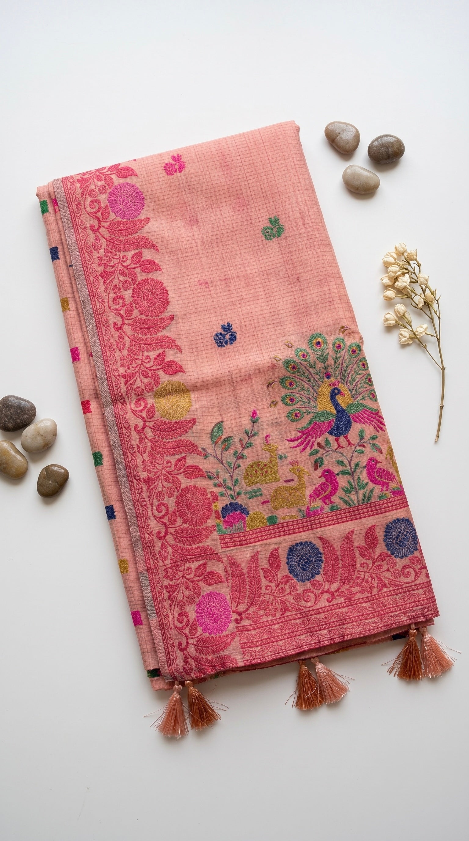 Chanderi cotton saree with woven floral and peacocok motifs
