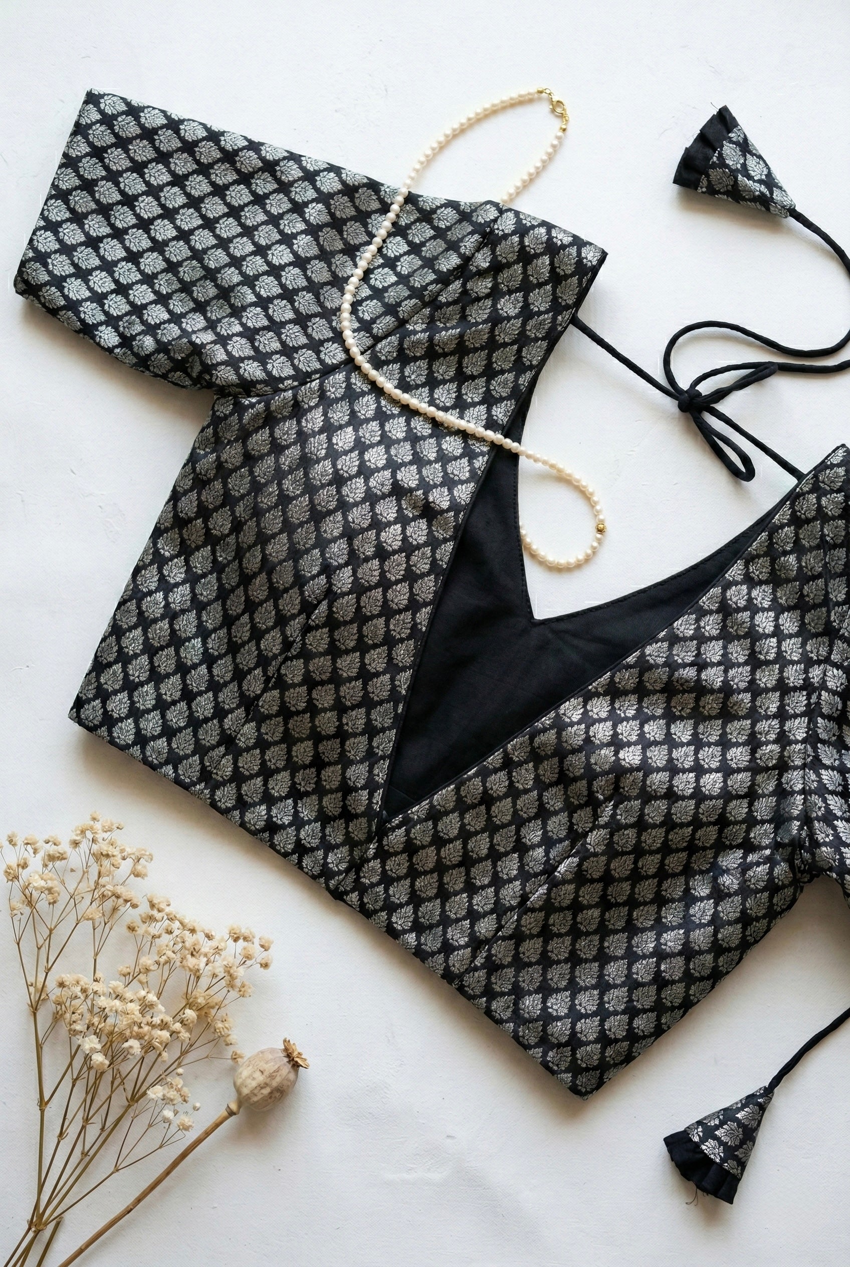 Brocade half sleeve V neck blouse