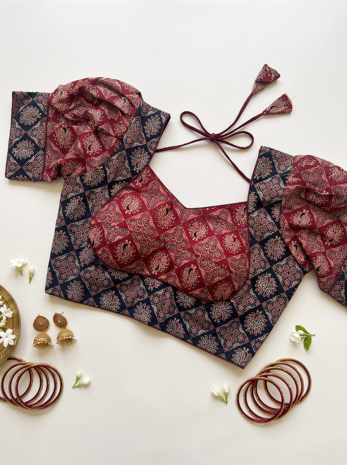 Ajrakh Katori blouse with puff sleeves