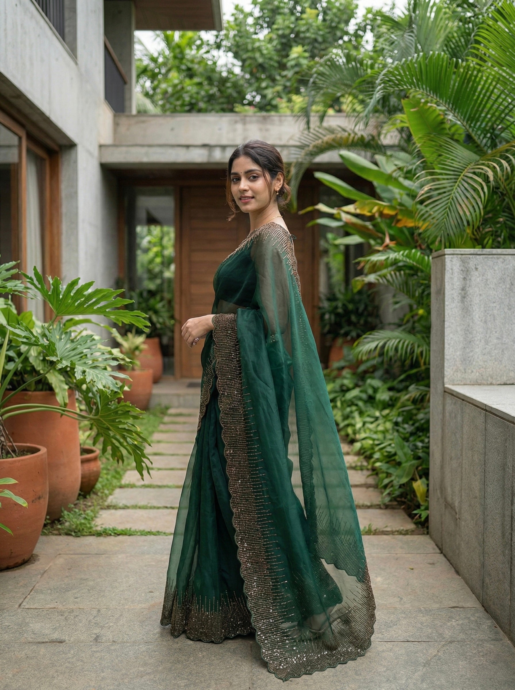 Organza saree with zari and sequin borders