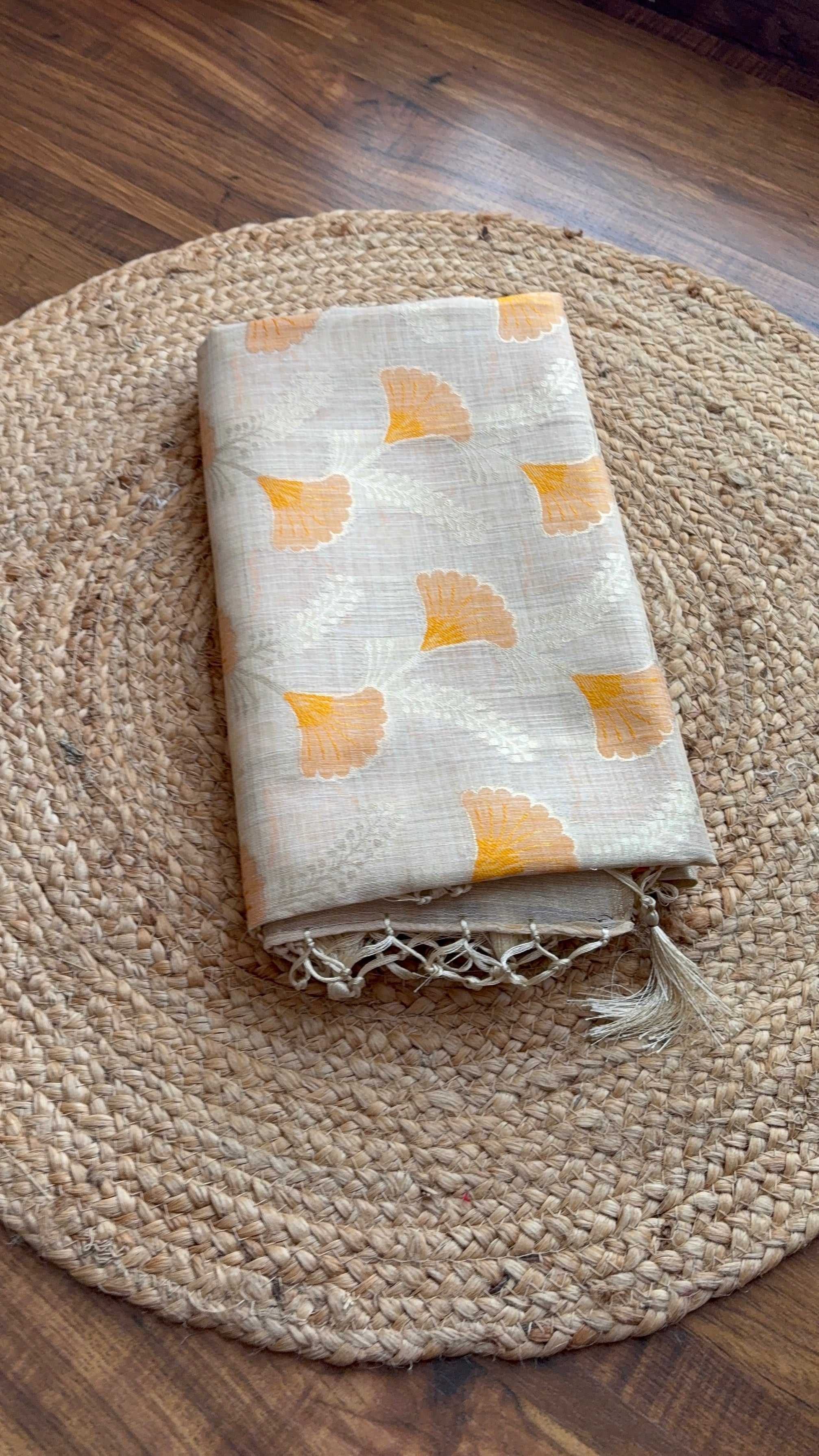 Chanderi blend saree with woven yellow motifs