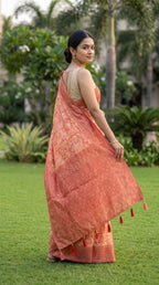 Peach shade Chanderi Cotton saree with jacquard weave pallu
