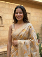 Chanderi blend saree with woven yellow motifs