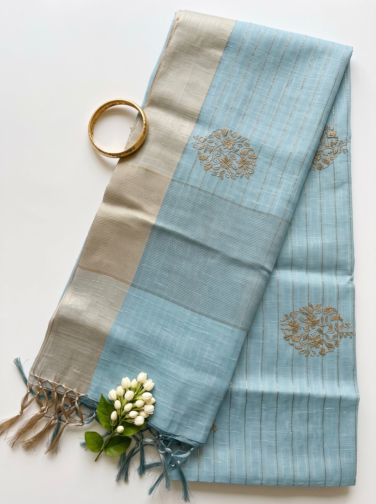 Chanderi saree in pastel shades and zari embroidery motifs