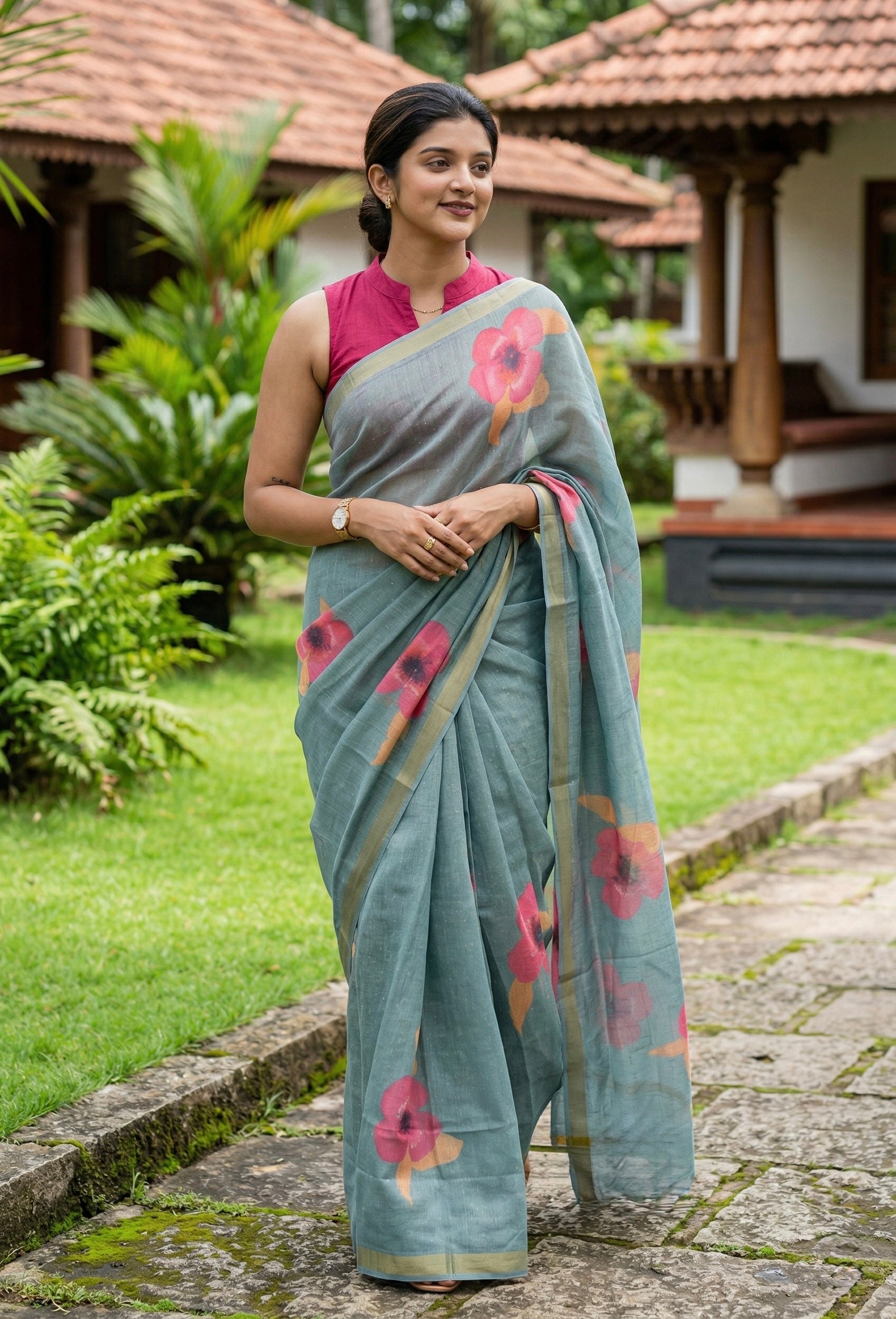 Linen Cotton floral print saree
