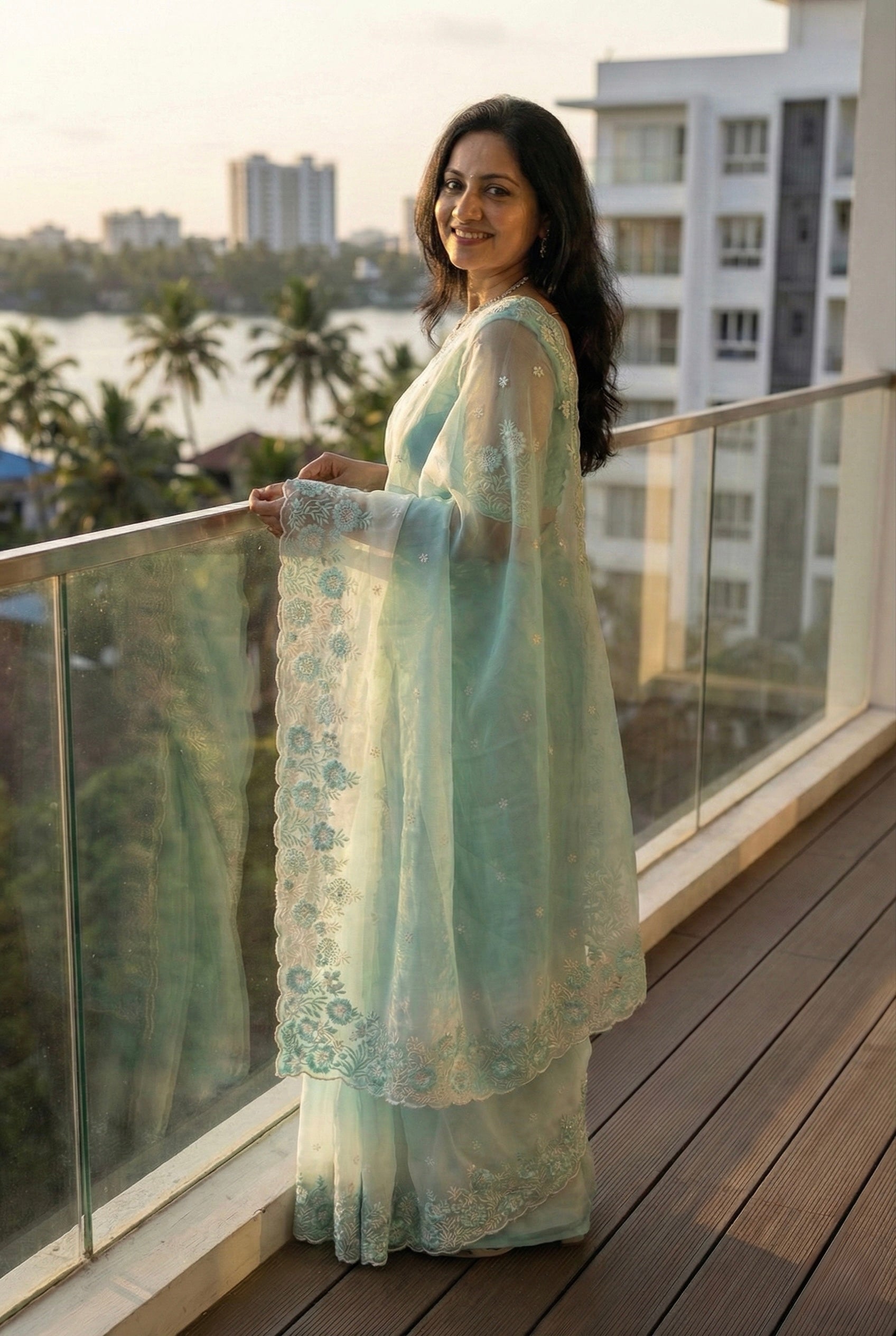 Ombre Organza saree with floral embroidery-Pastel Blue