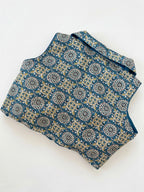 Meher - Teal blue ajrakh print notched collar blouse
