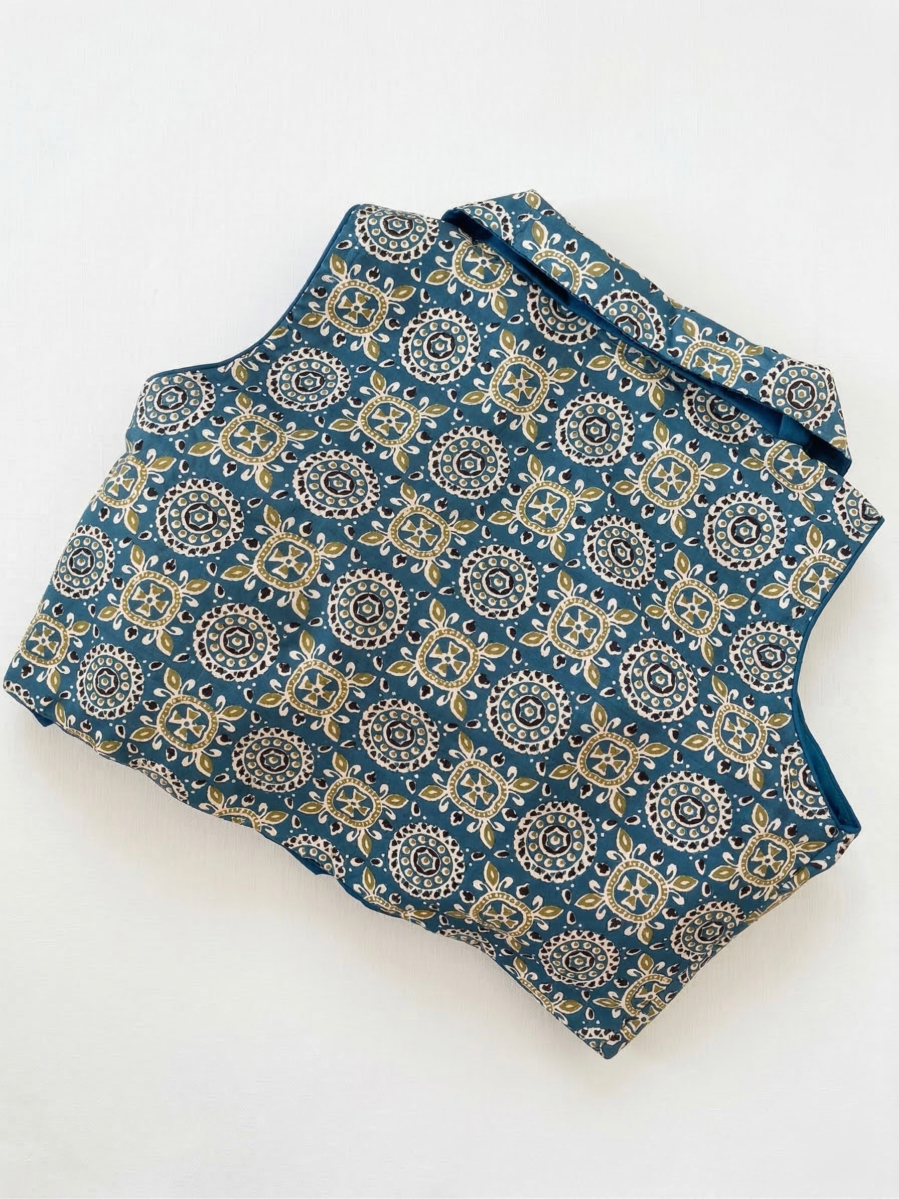 Meher - Teal blue ajrakh print notched collar blouse