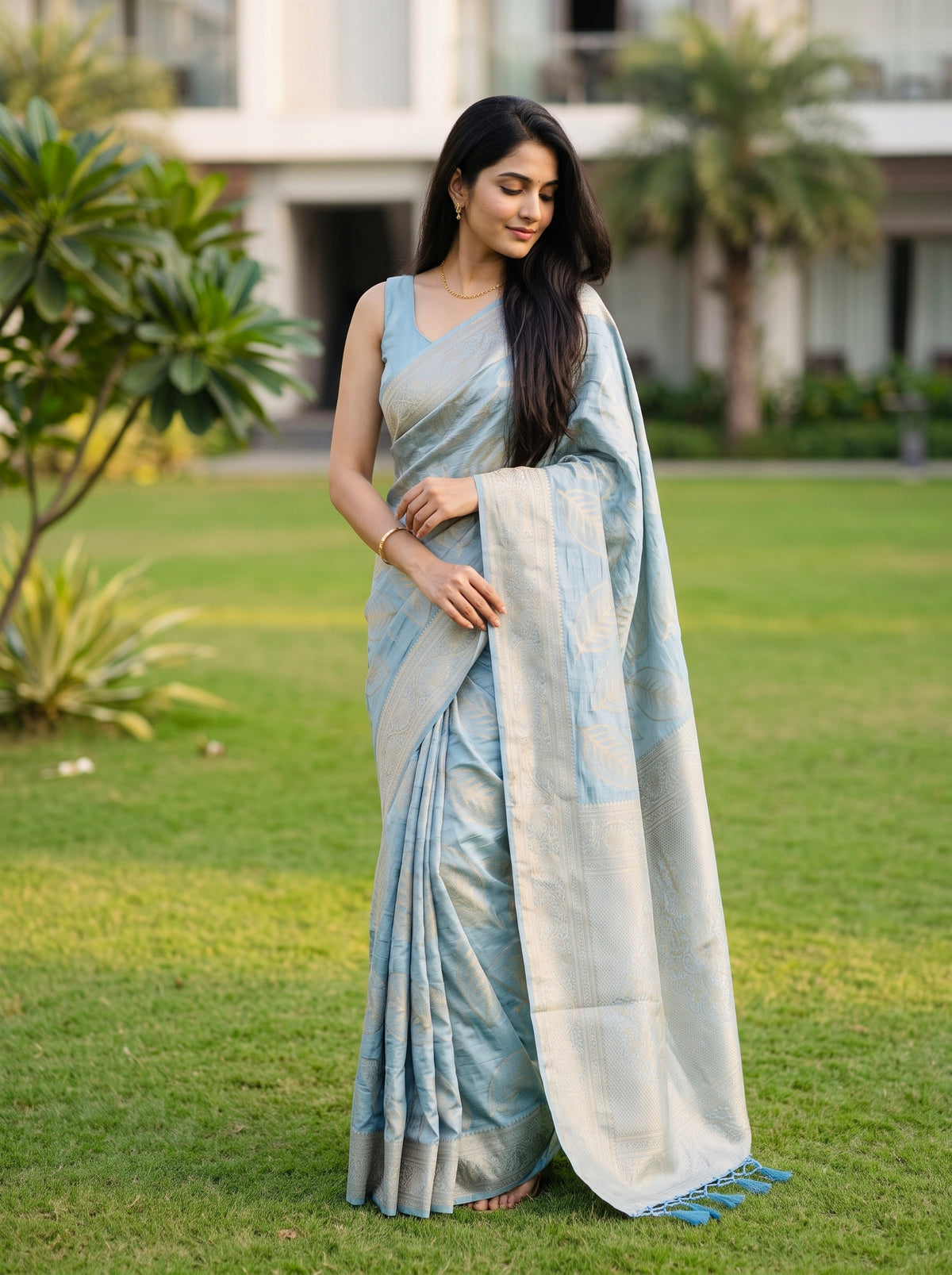 Chanderi saree in pastel shades with woven zari and thread leaves pattern