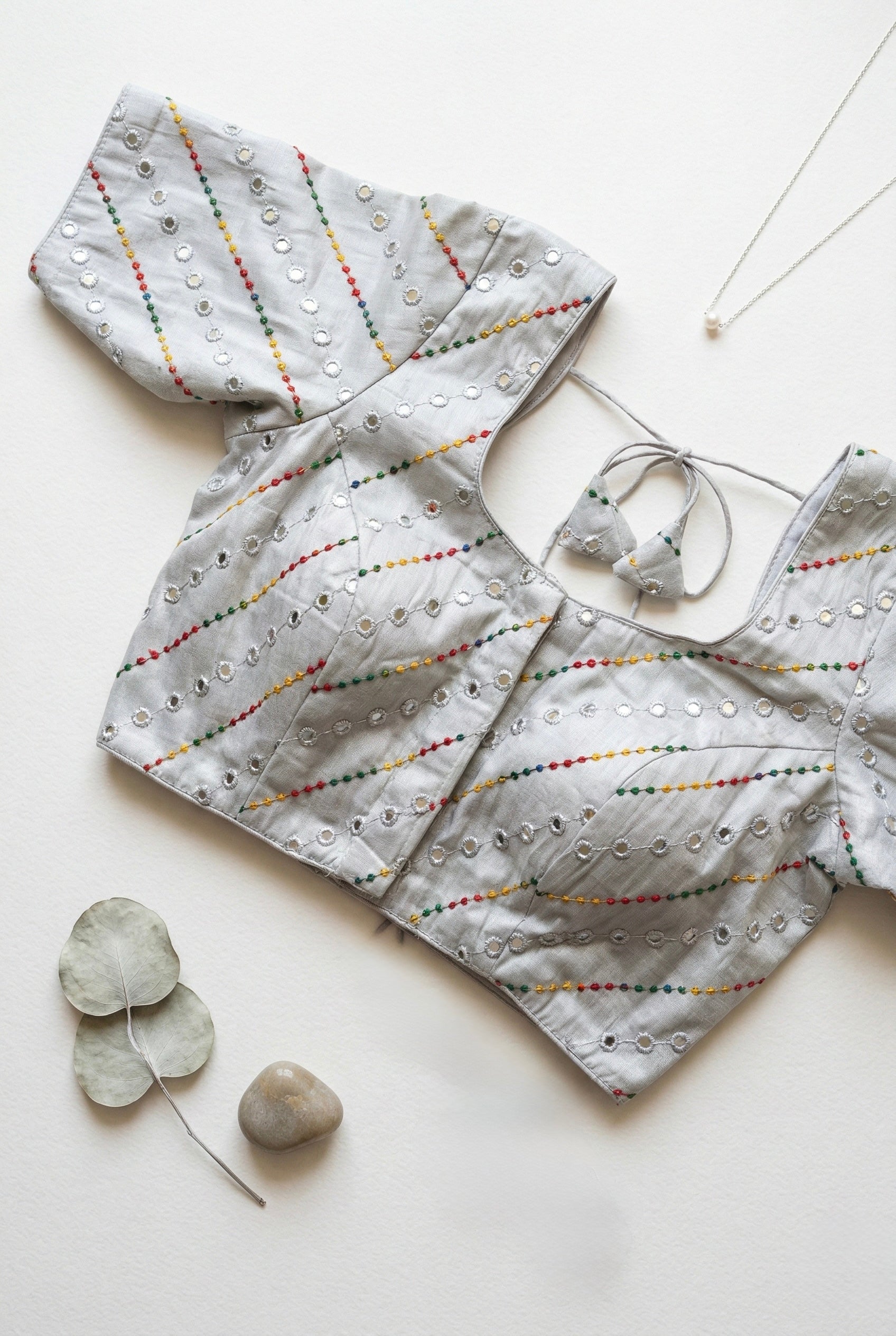 Multi colour thread and mirror embroidered tissue blouse