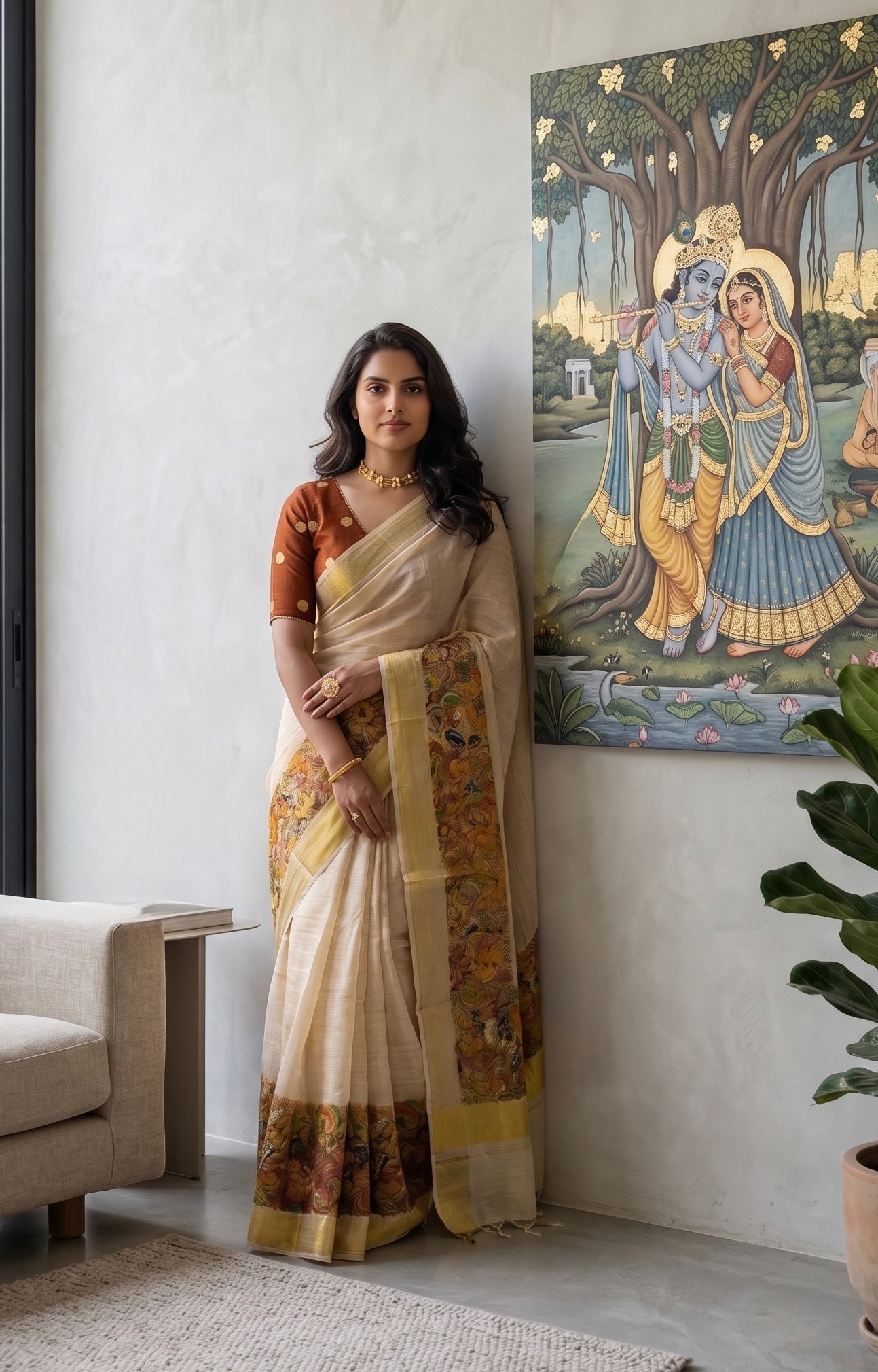 Rajaveera - Kerala kasavu saree in tissue with mural print
