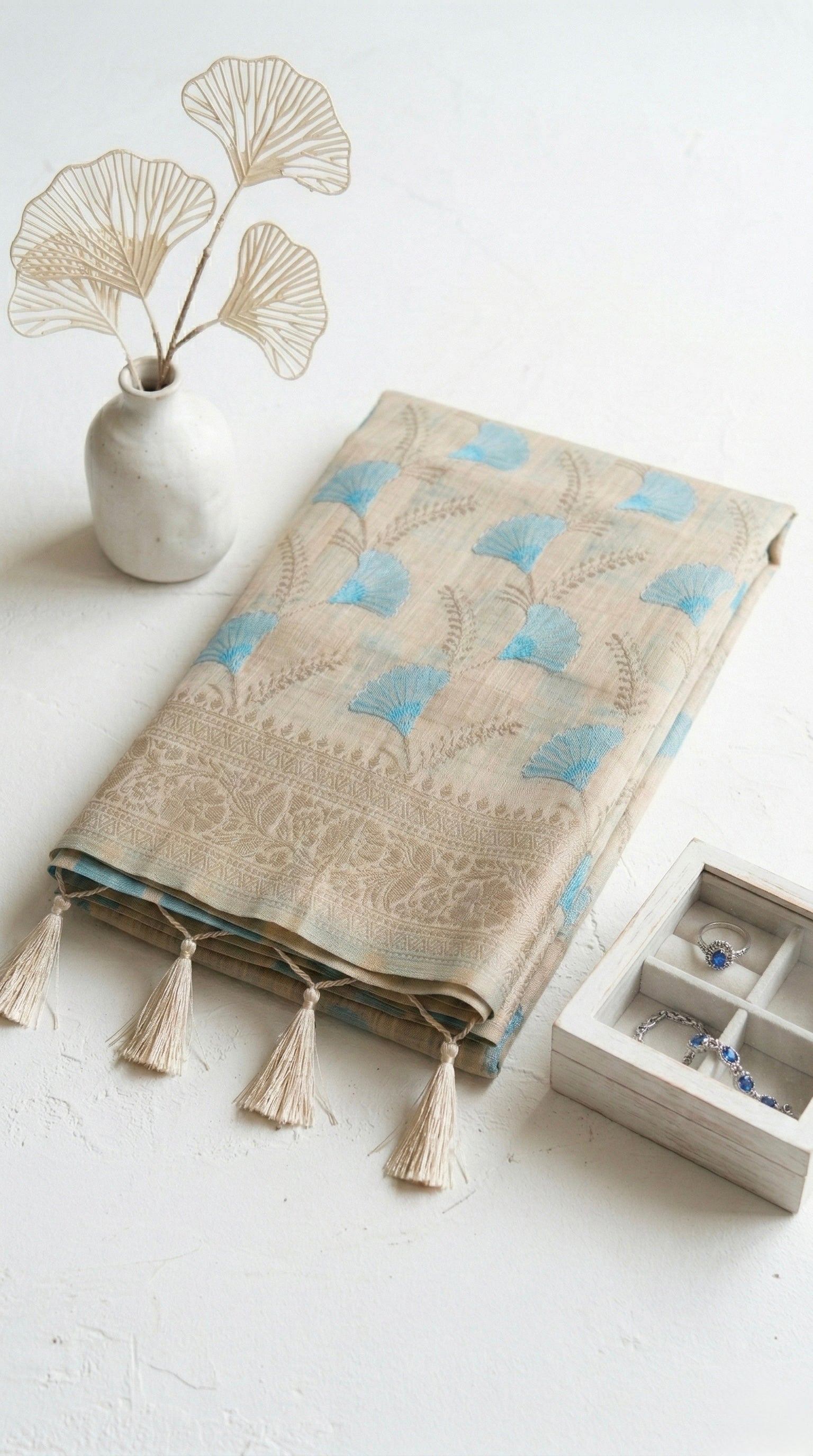 Chanderi silk-cotton blend saree with woven blue motifs