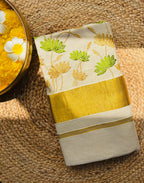 Kerala kasavu saree in tissue and lotus embroidery
