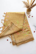 Linen tissue saree in zari work-Mustard Yellow