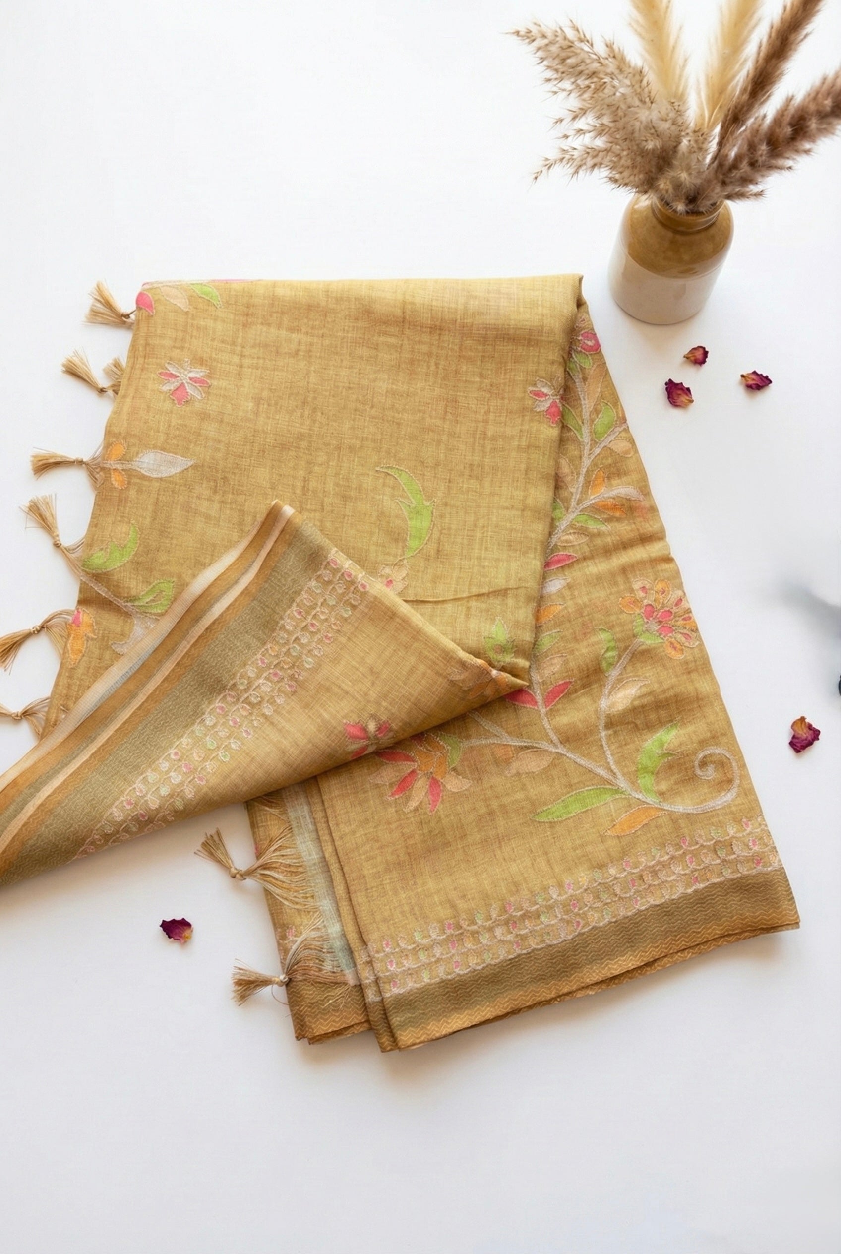 Linen tissue saree in zari work-Mustard Yellow