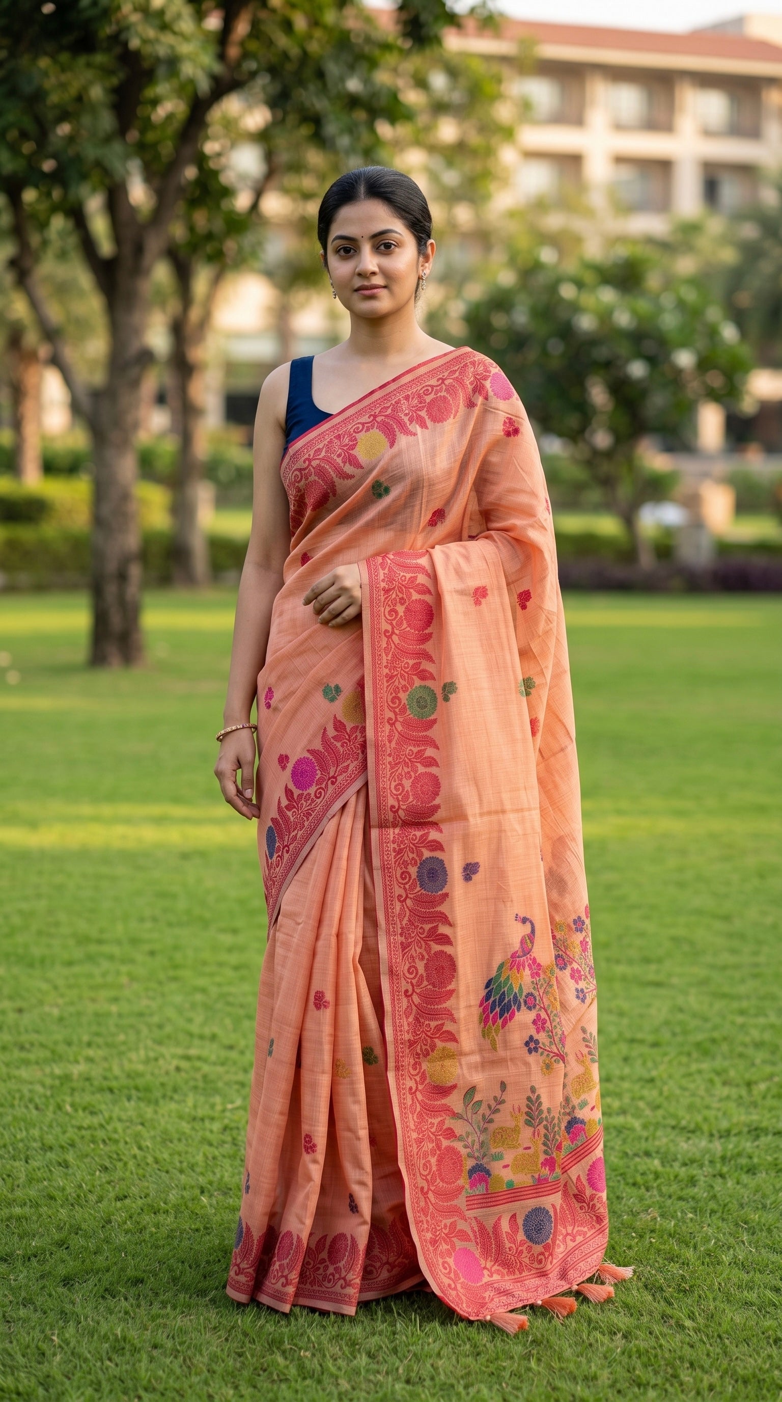 Chanderi cotton saree with woven floral and peacocok motifs