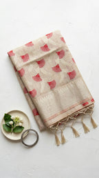 Chanderi blend saree with woven red motifs