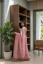 Crushed Organza saree with applique work-Bubblegum Pink