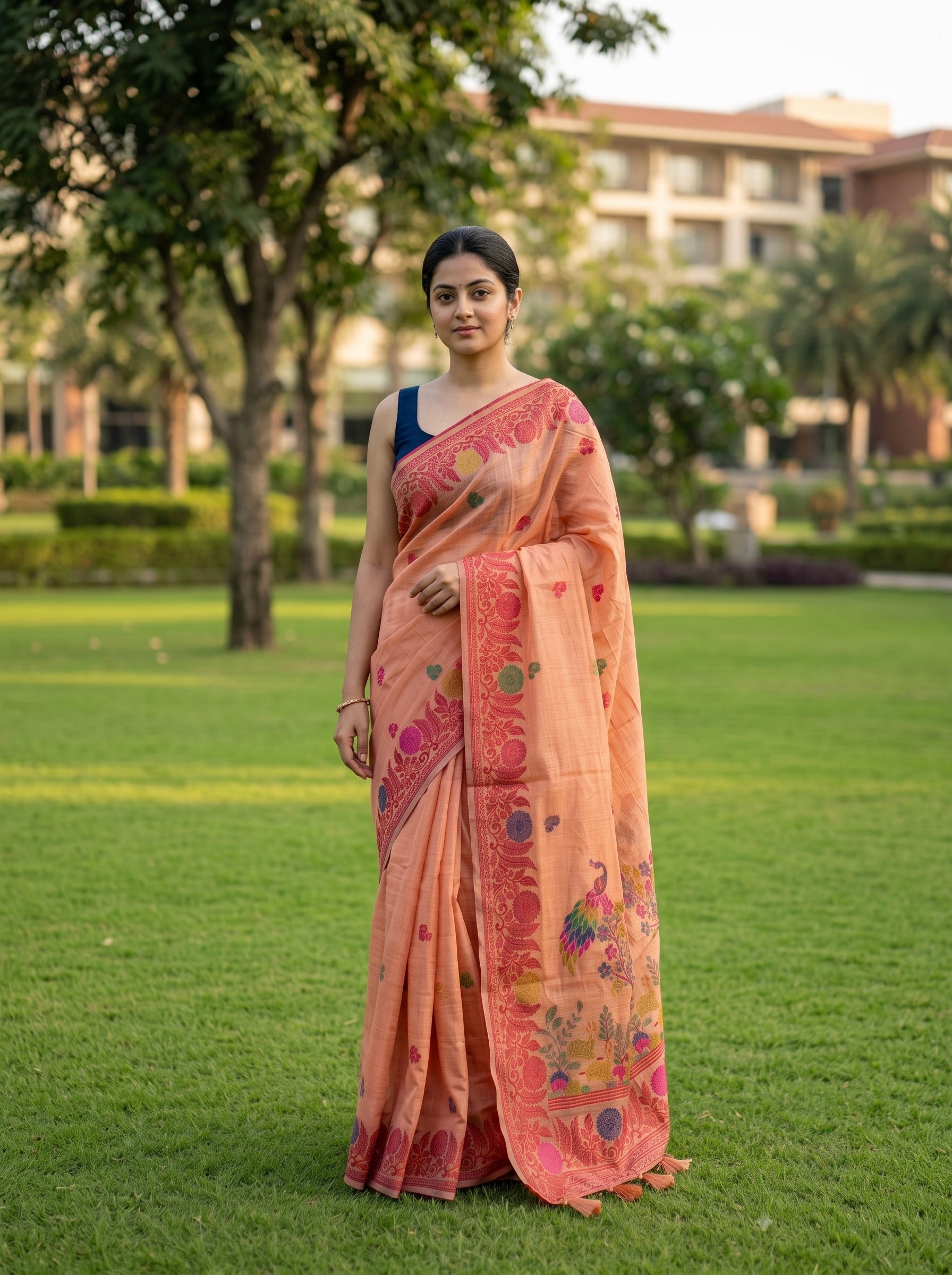 Chanderi cotton saree with woven floral and peacocok motifs