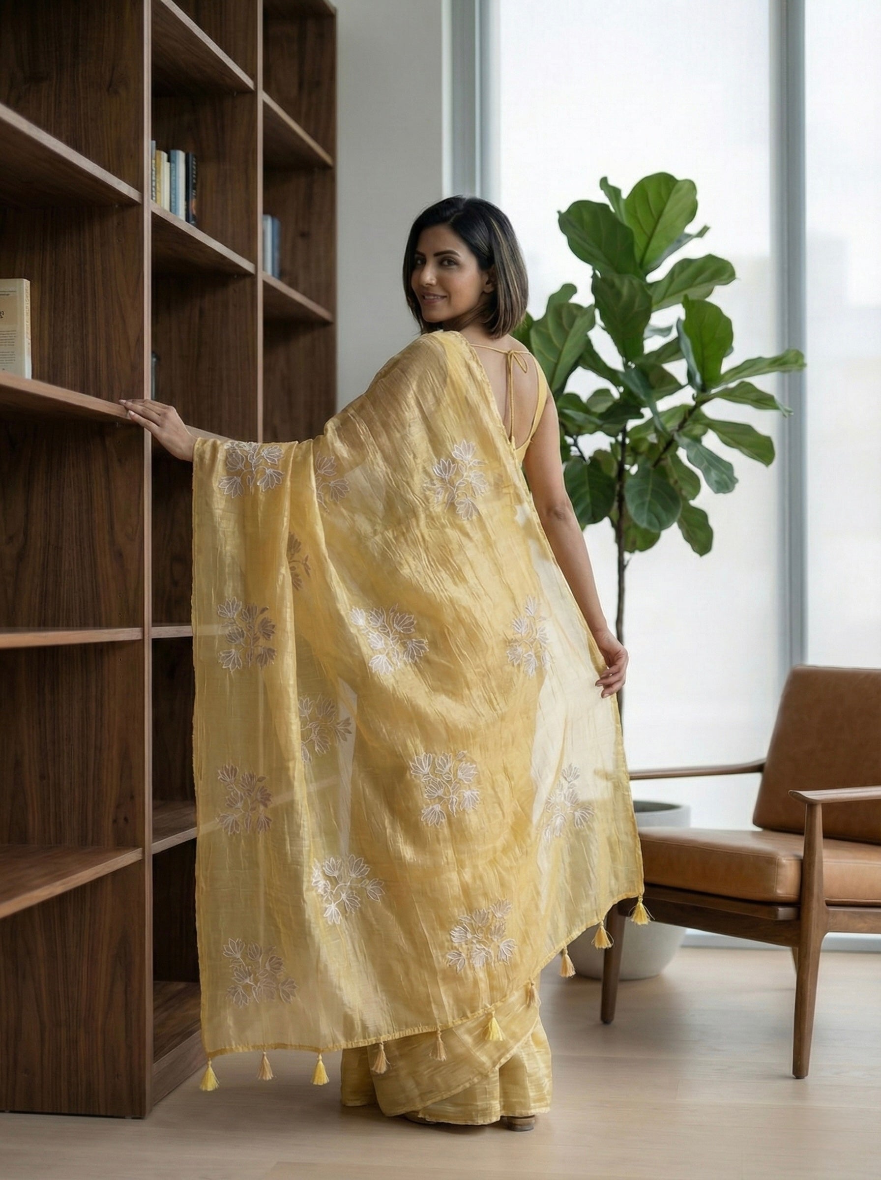 Crushed Organza saree with applique work-Mellow Yellow