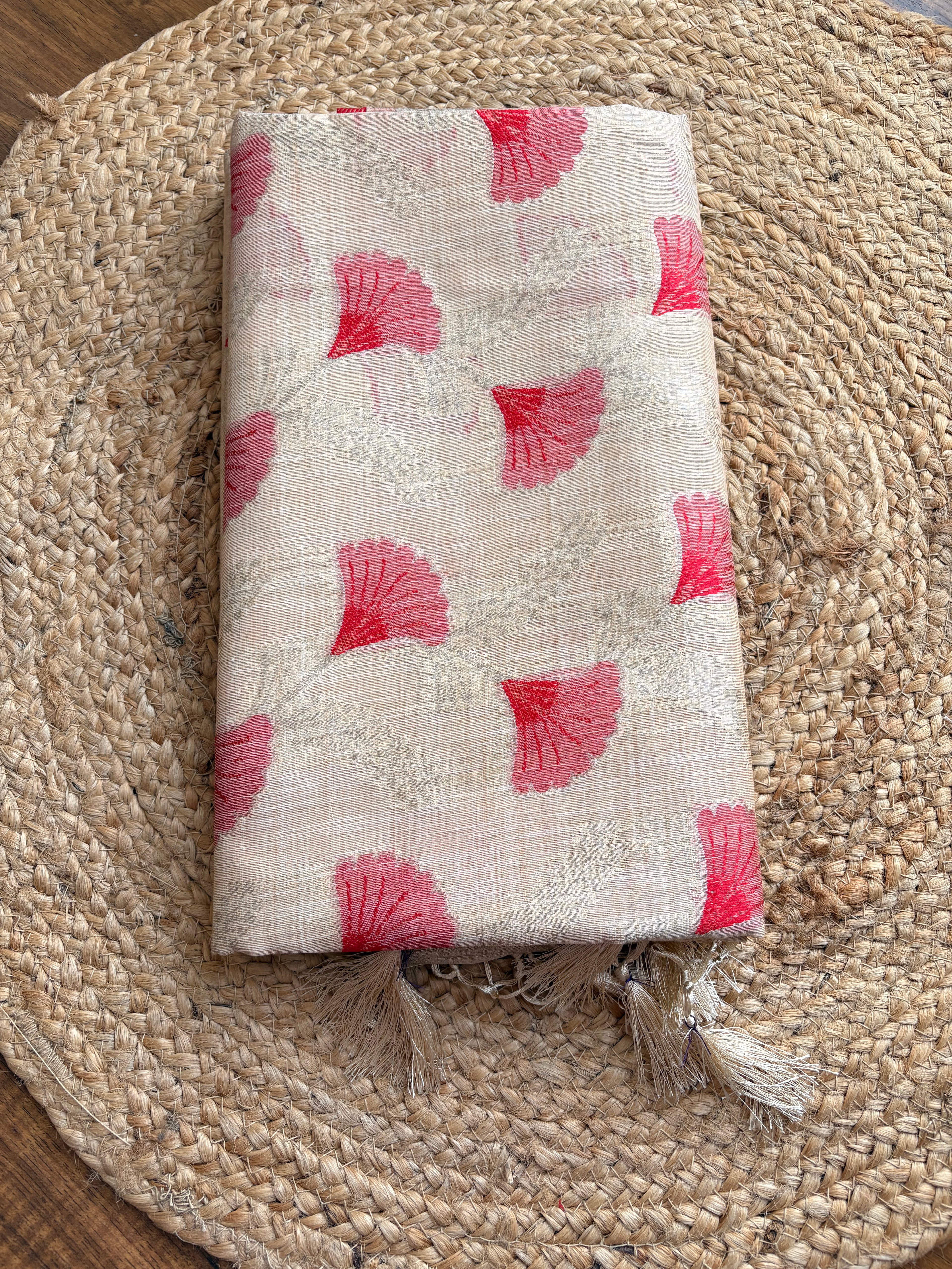 Chanderi blend saree with woven red motifs