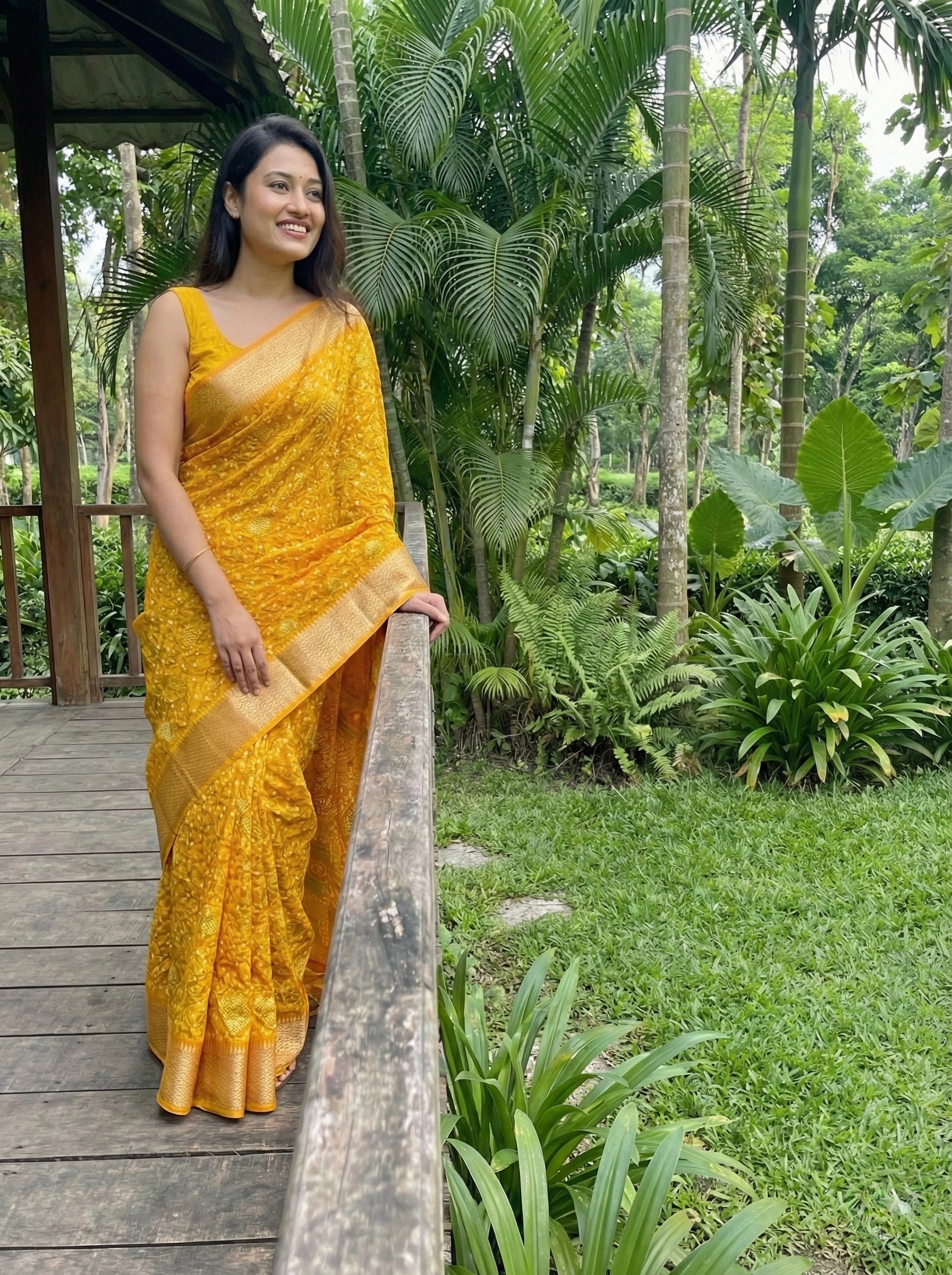 Dola silk saree with bandhani print