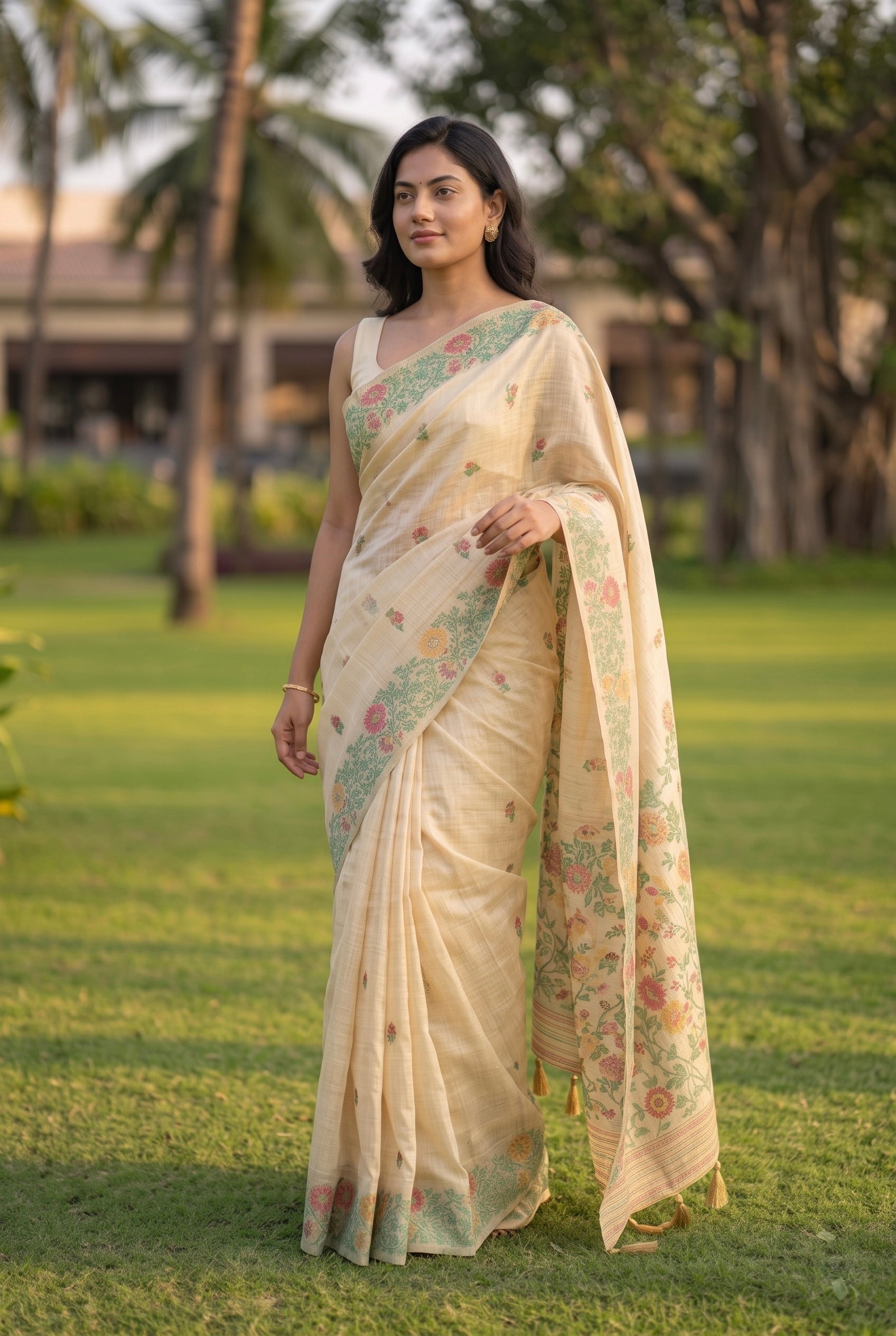 Chanderi Cotton saree with woven floral thread work