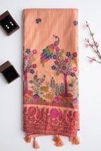 Chanderi cotton saree with woven floral and peacocok motifs
