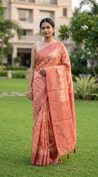 Peach shade Chanderi Cotton saree with jacquard weave pallu