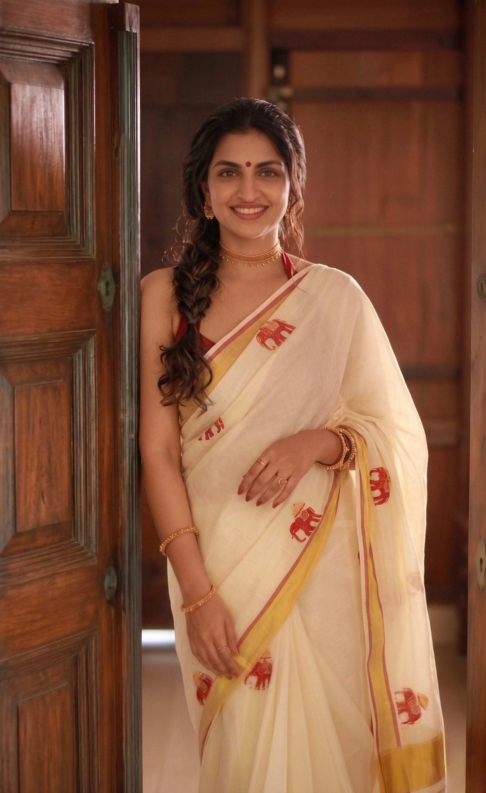 Mathangi - Kerala kasavu saree with elephant embroidered motifs