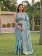 Mamitha-Linen tissue saree in zari and thread work