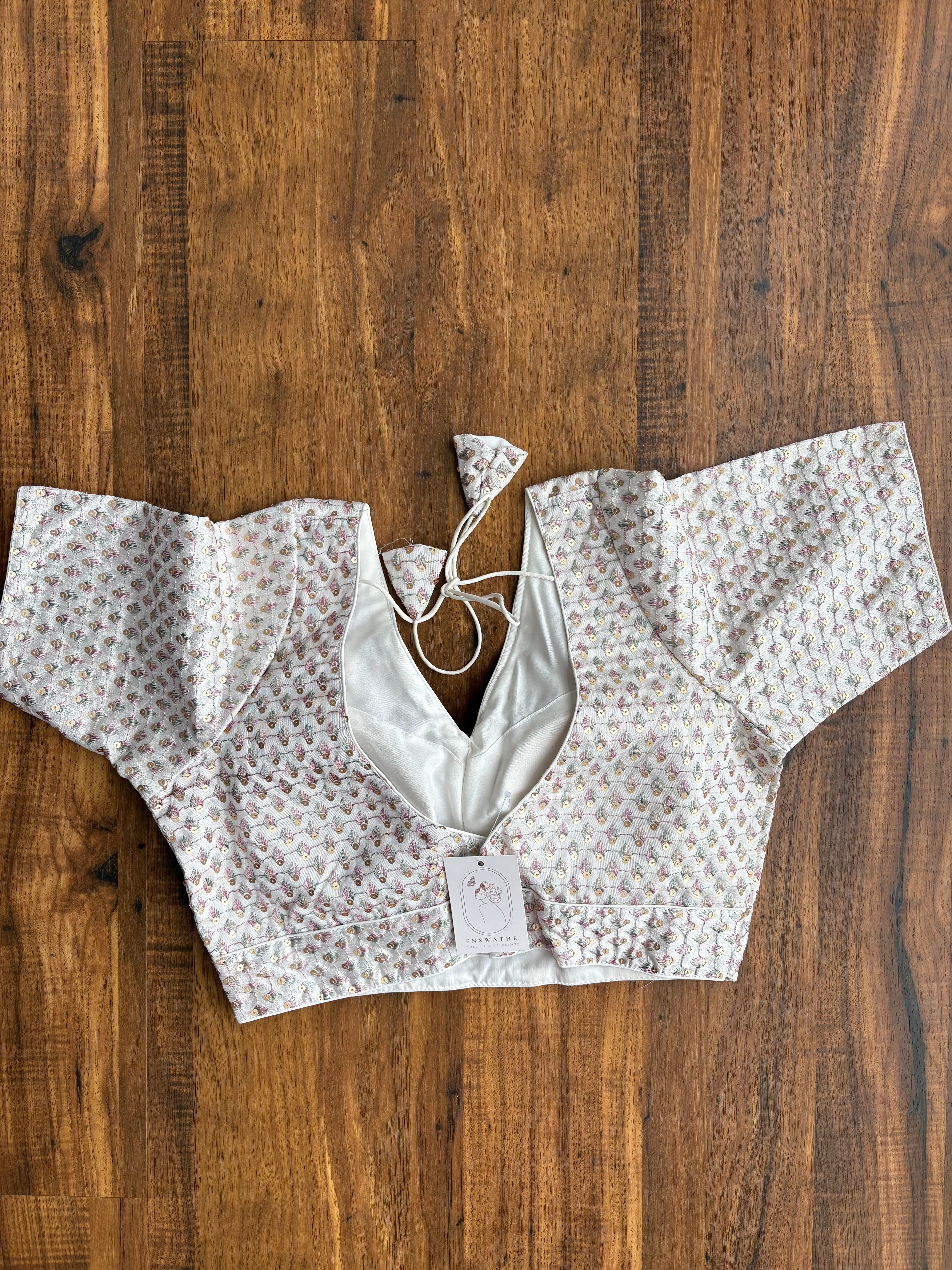 V-neck silk blouse with sequin and thread work