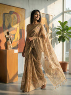 Linen tissue saree in zari work-Mustard Yellow