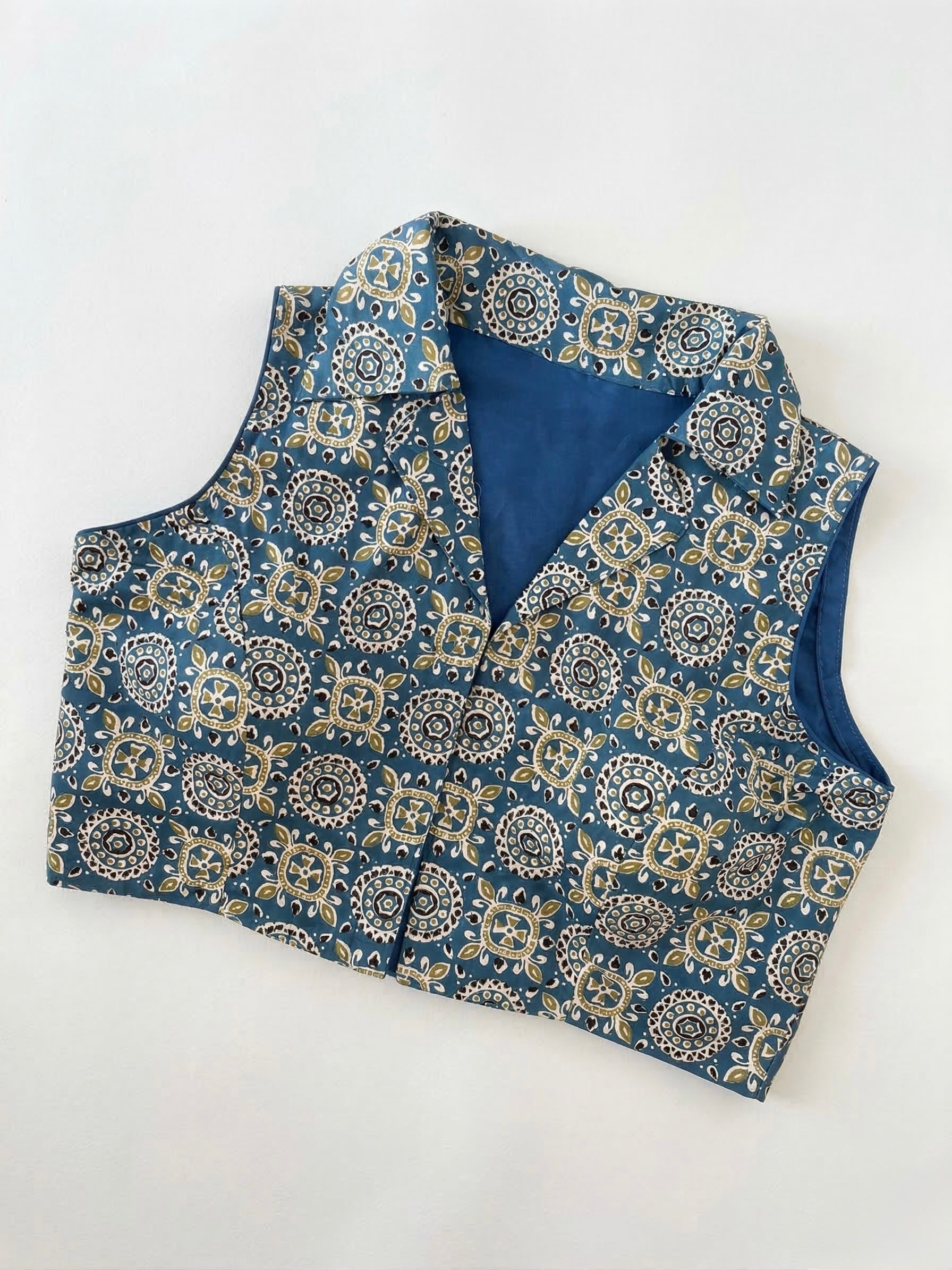 Meher - Teal blue ajrakh print notched collar blouse