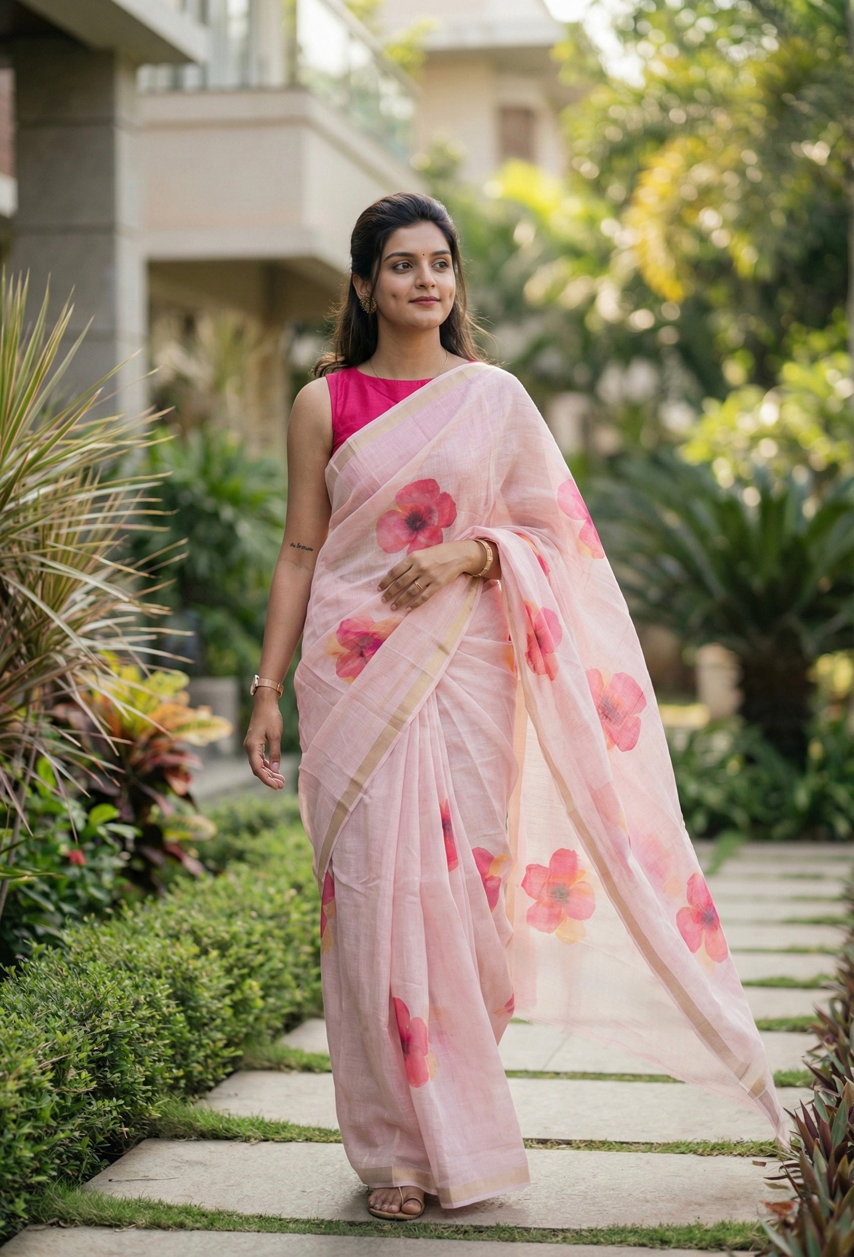 Linen Cotton floral print saree