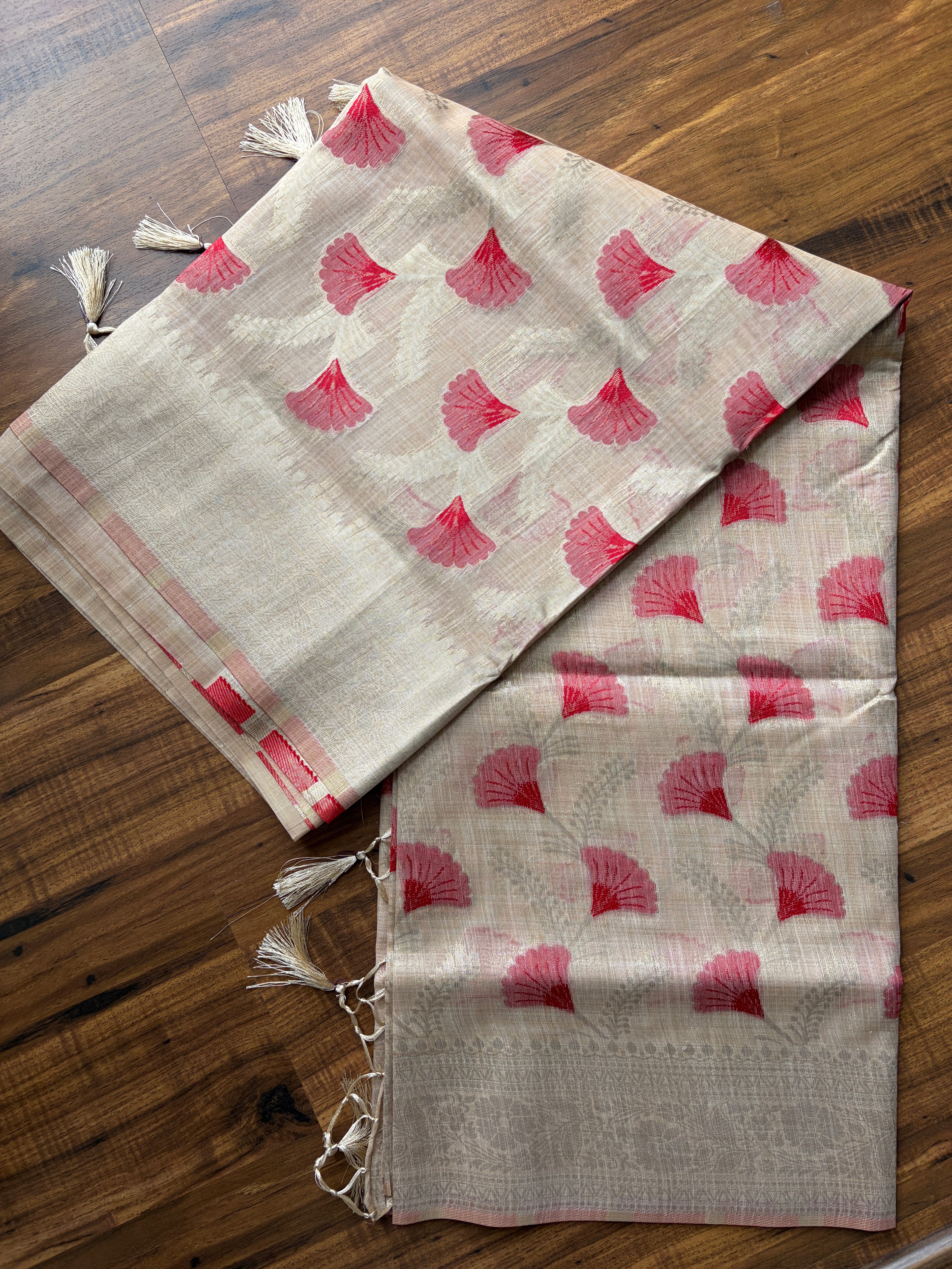 Chanderi blend saree with woven red motifs