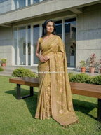 Linen tissue saree in zari work-Mustard Yellow