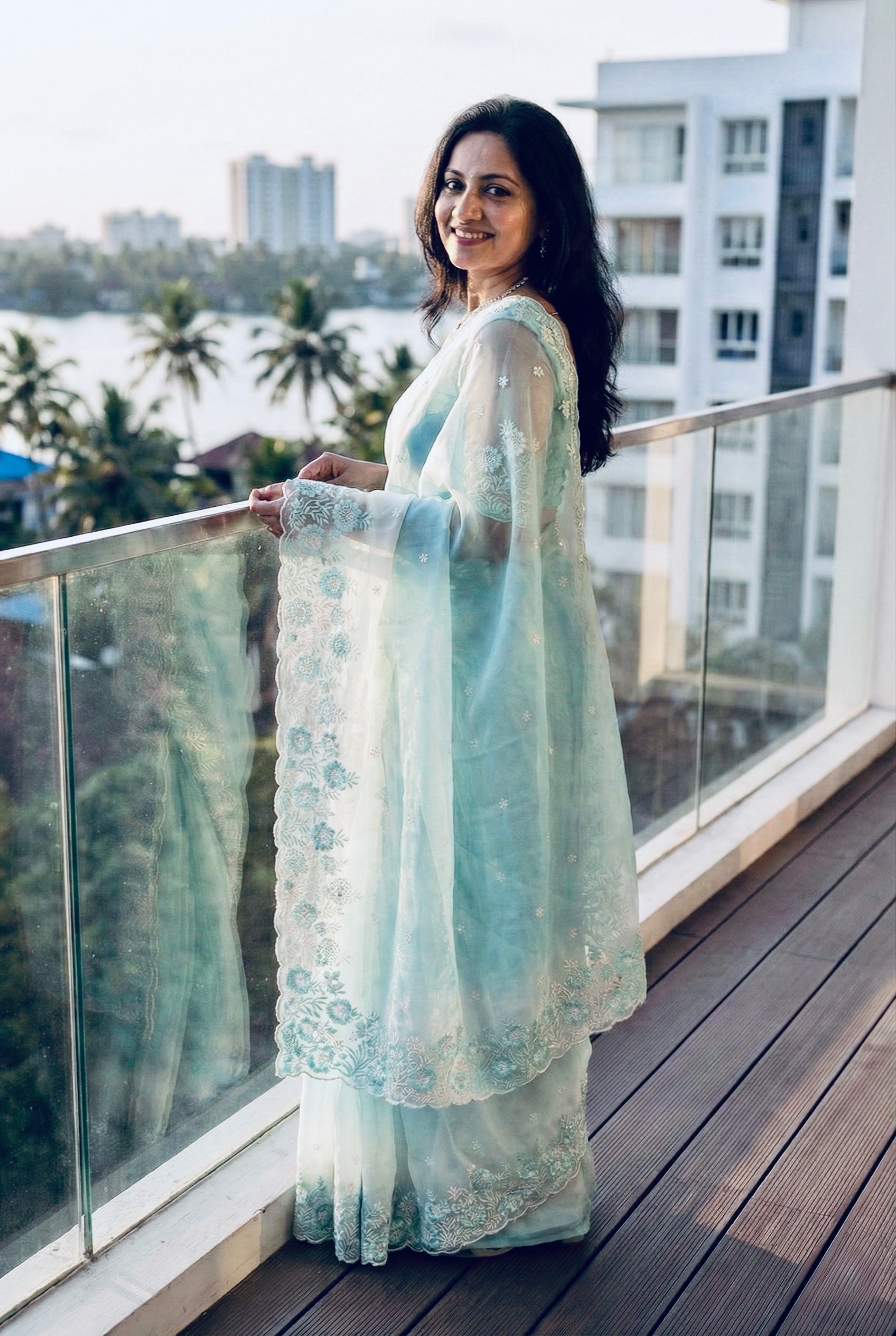Ombre Organza saree with floral embroidery-Pastel Blue