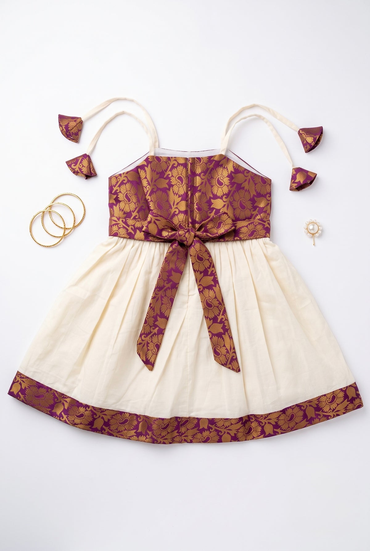 Gulabo - Cotton and Brocade Majenta ethnic frock with tie for girls