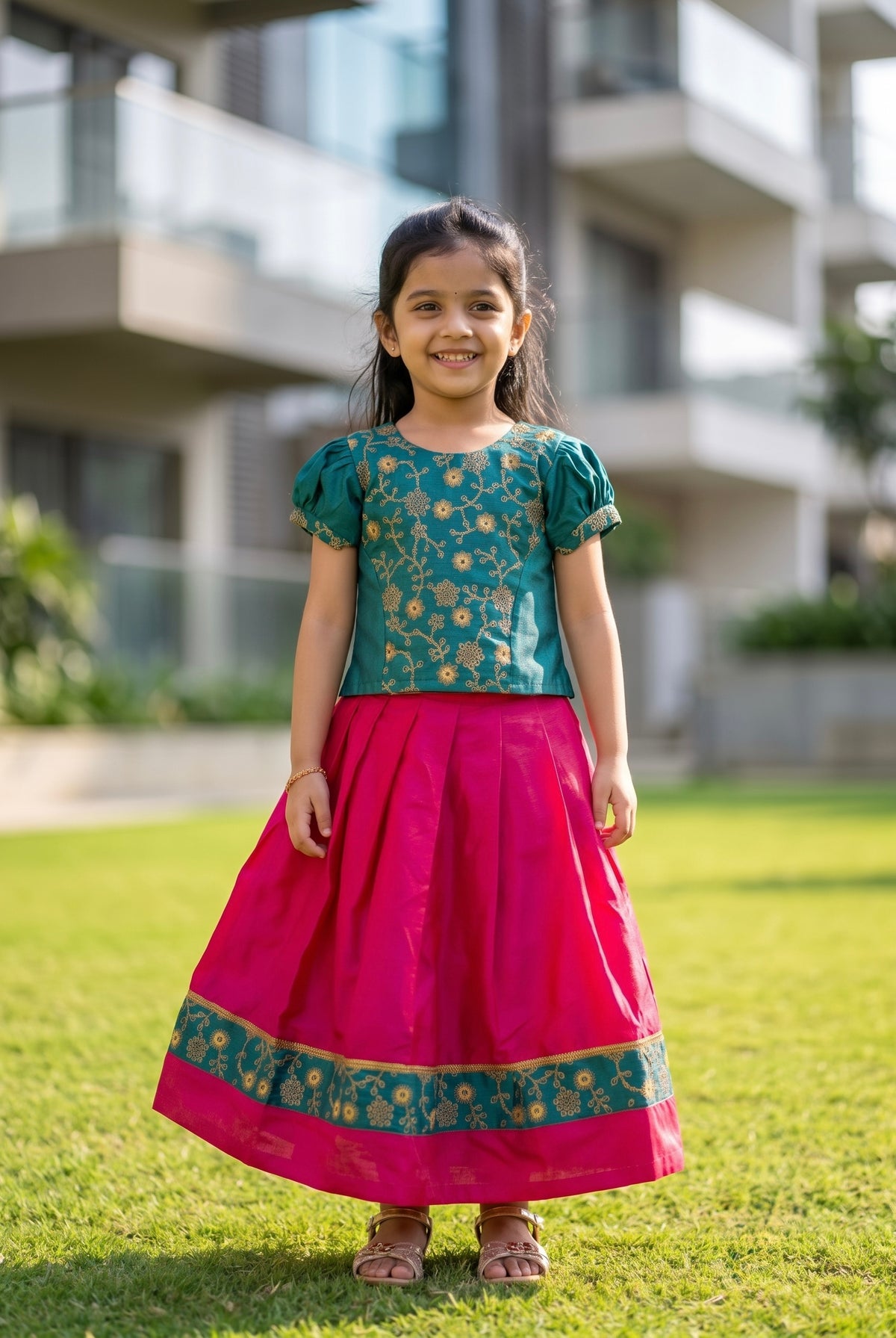 Mishti - Green pink ethnic skirt and top for girls