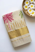 Kerala kasavu saree with coconut tree embroidery