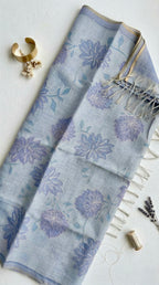 Linen tissue saree in Blue floral thread work